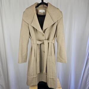Calvin Klein Minimalist Wool Blend Belted Trench Long Coat Oatmeal Size 12